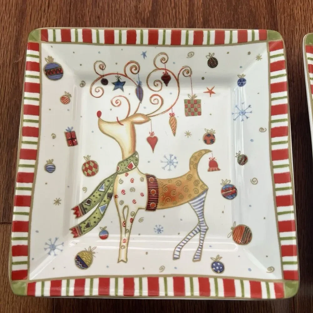 222 Fifth Christmas Plates Set of‎ 4 Square Whimsical Folk Art- Style